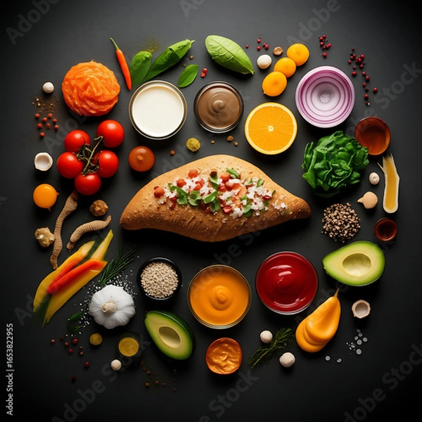 Obraz Colorful Fresh Ingredients Arranged Around Stuffed Flatbread Centerpiece
