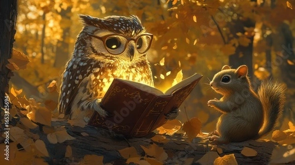 Fototapeta Owl & squirrel reading glowing book in autumn woods