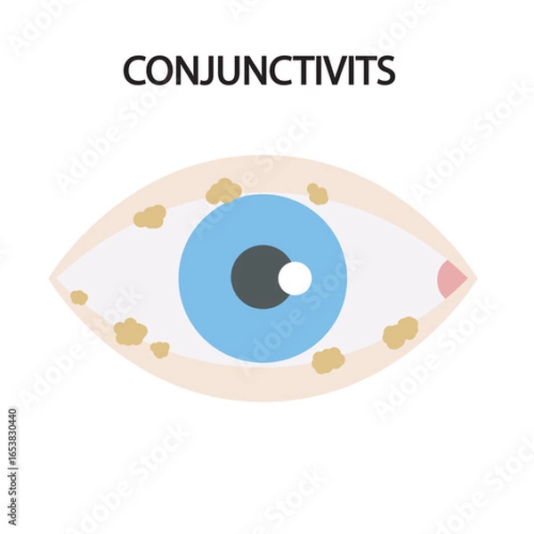 Fototapeta Medical vector of conjunctivitis showing red, itchy, watery eyes with swelling. Highlights symptoms and distinguishes from allergies, dry eye, and blepharitis.