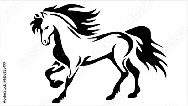 Fototapeta Stylized black and white horse illustration with flowing mane and tail in a dynamic pose design image silhouette