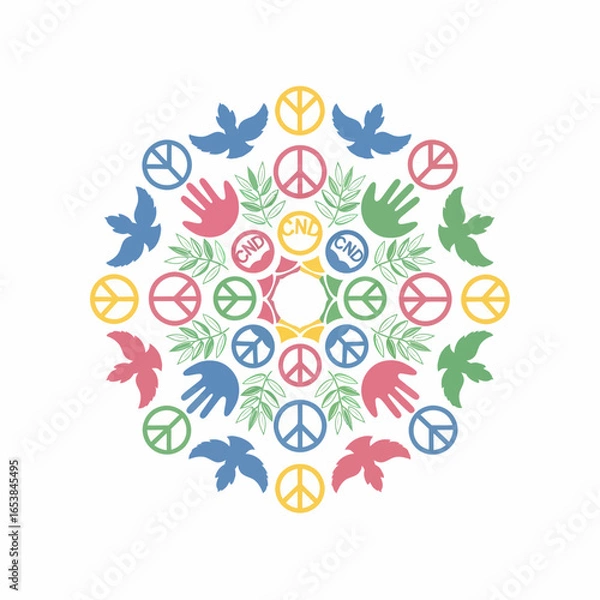 Fototapeta Symmetrical mandala design with colorful peace signs, doves, hands, and olive branches.