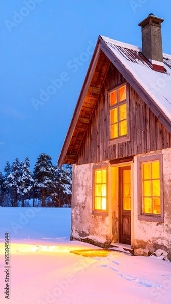 Obraz Cozy winter cabin with warm light