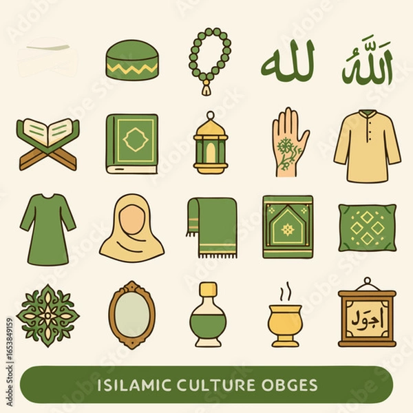 Fototapeta Flat vector illustration of Islamic objects and symbols including lanterns, clothes, Quran, and Arabic calligraphy for decorative and educational designs.
