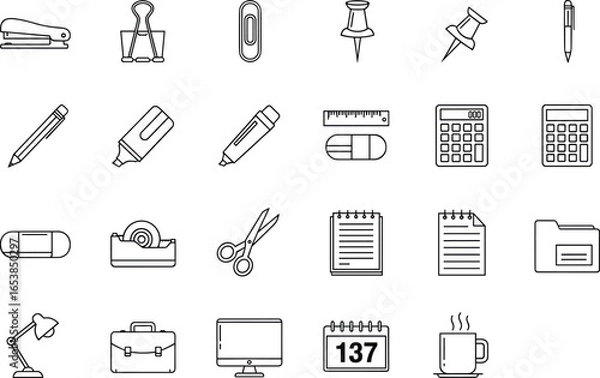 Fototapeta Office supplies icons set with stapler, binder clip, paperclip, push pin, pen, pencil, highlighter, ruler, calculator, notebook, folder, scissors, lamp, computer