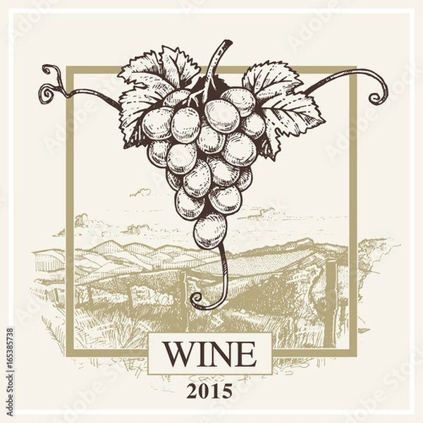 Fototapeta Wine label vector grape and landscape logo for winery