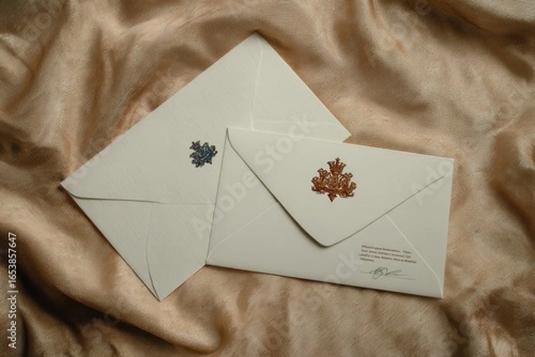 Obraz Two cream-colored envelopes, slightly overlapping, featuring embossed, decorative emblems