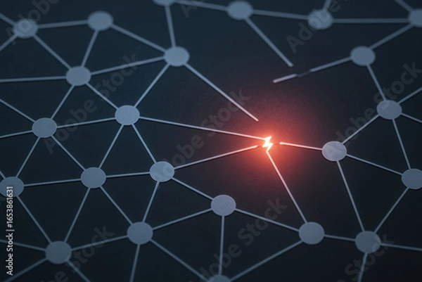 Fototapeta Power outage concept with network connection disruption symbolized by glowing broken link on dark background