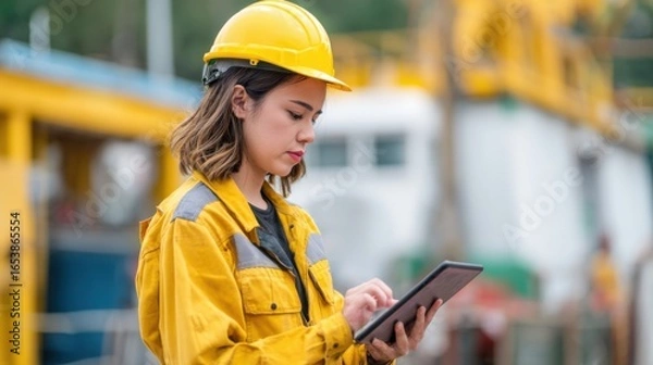 Fototapeta A woman wearing a yellow jacket and a hard hat is looking at a tablet. She is likely a worker in a construction or industrial setting