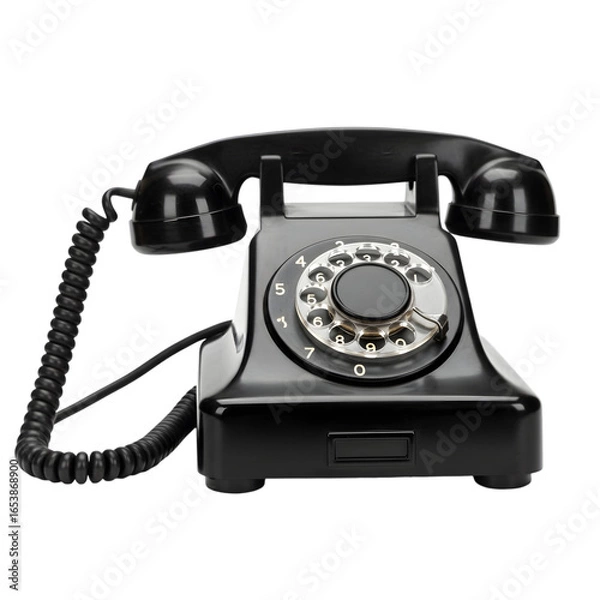 Fototapeta Classic Rotary Phone: A close-up shot of a vintage black telephone. The rotary dial sits at the center. The coiled cord adds a touch of nostalgia.