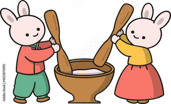 Fototapeta 절구로 떡을 만드는 한복입은 달토끼