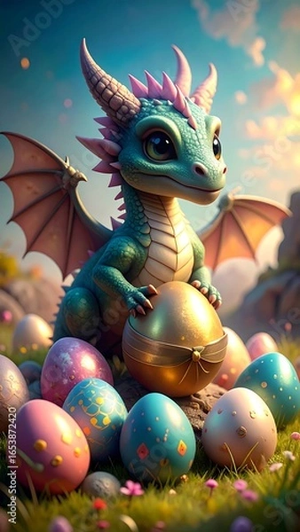 Obraz Cute dragon with Easter eggs