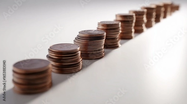 Obraz Coin stacks in straight line on white background