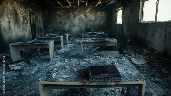 Fototapeta Burnt Classroom Interior with Scorched Desks and Charred Walls After Fire Incident, Showing Destruction and Aftermath of Fire Damage