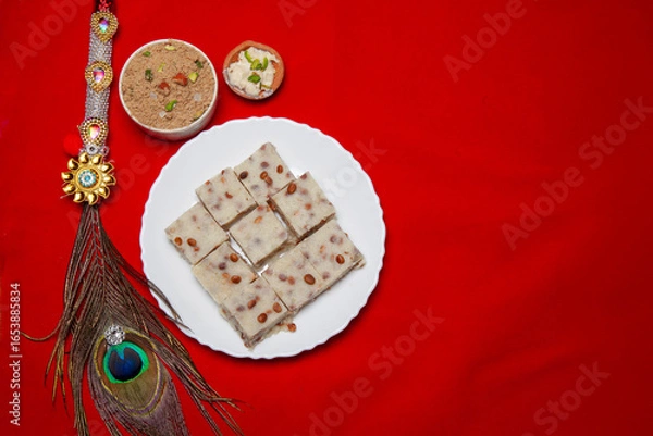 Fototapeta Traditional Festival Barfi Dessert on a white Plate with a Decorative Peacock Feather and a Red Background
