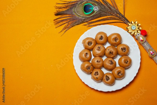 Fototapeta Traditional Indian Sweets Peda Mithai on White Plate with Decorative Peacock Feather on Yellow Background