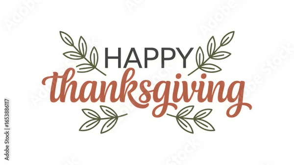Obraz Happy thanksgiving typography with leaf accents in brown and black on a white background