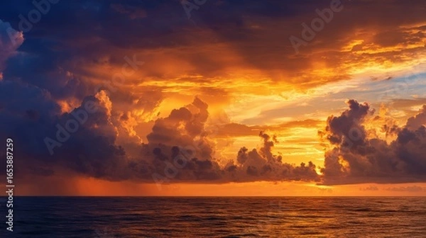 Fototapeta The sky is filled with clouds and the sun is setting. The clouds are orange and pink, creating a beautiful and serene atmosphere. The ocean is calm and peaceful, with the sun reflecting off the water