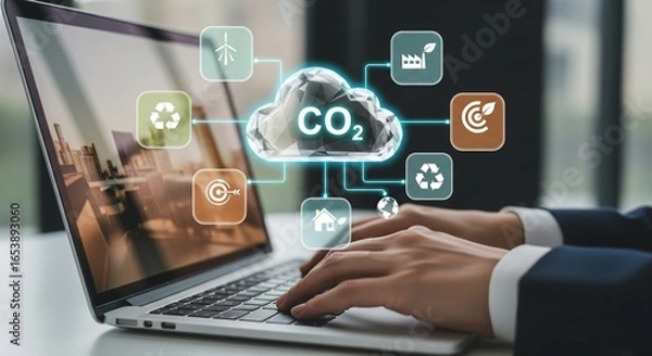 Fototapeta CO2 Emissions Concept with Green CO2 Cloud and Sustainability Icons over Laptop