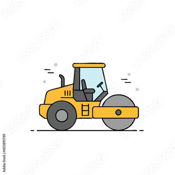 Fototapeta A vibrant illustration depicts a yellow road roller, a construction vehicle used for compacting surfaces, set against a clean white background, for design use.