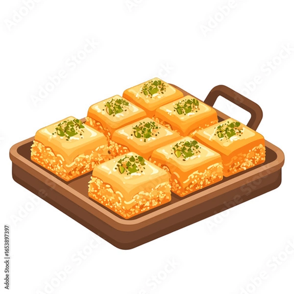 Fototapeta Isometric View of Golden Square Baklava Pieces with Pistachio Toppings Arranged on a Dark Tray in Pixel Art Style