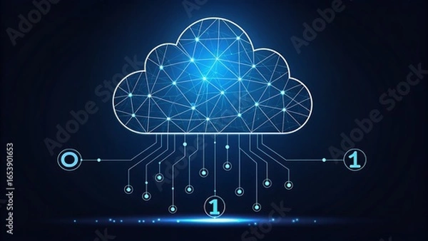 Obraz Abstract connected cloud design features circuit lines, glowing points, and digital binary indicators