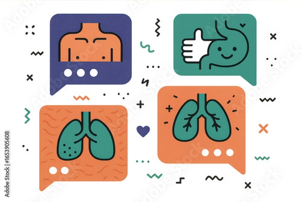 Obraz Health and Wellness Chat Icons – Body, Breathing, Digestion and Communication Illustration