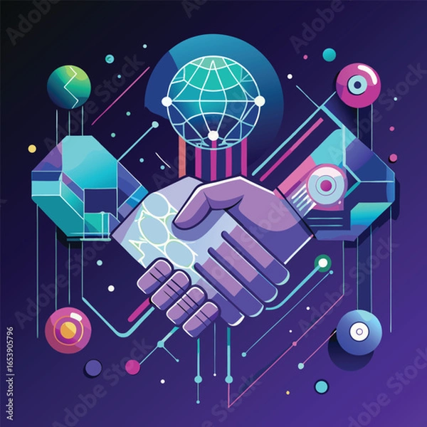 Fototapeta Futuristic digital handshake illustrating global business collaboration and technological partnership concepts