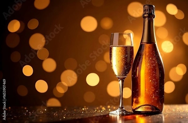 Fototapeta Christmas or New Year composition - champagne bottle and glasses on black background with lights and gold bokeh
