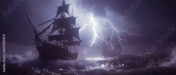Fototapeta Pirate ship in a storm with lightning over the dark ocean waves