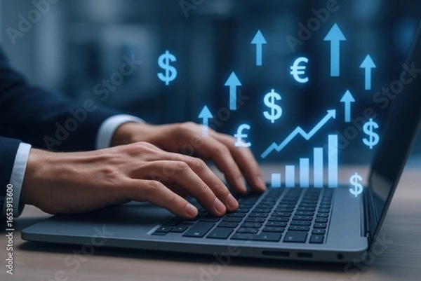 Fototapeta Investment Growth Analysis: Businessman Typing on Laptop with Financial Data Visualization, Charting Success