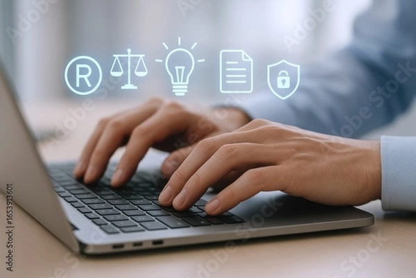 Fototapeta Protecting Intellectual Property Online: Lawyer Working on Copyright, Patent and Trademark Law on a Laptop