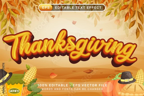 Obraz Happy Thanksgiving Editable Text Effect with Autumn Leaves and Harvest Elements Vector