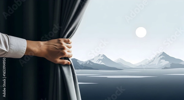 Fototapeta Hand pulling back curtain mountain view