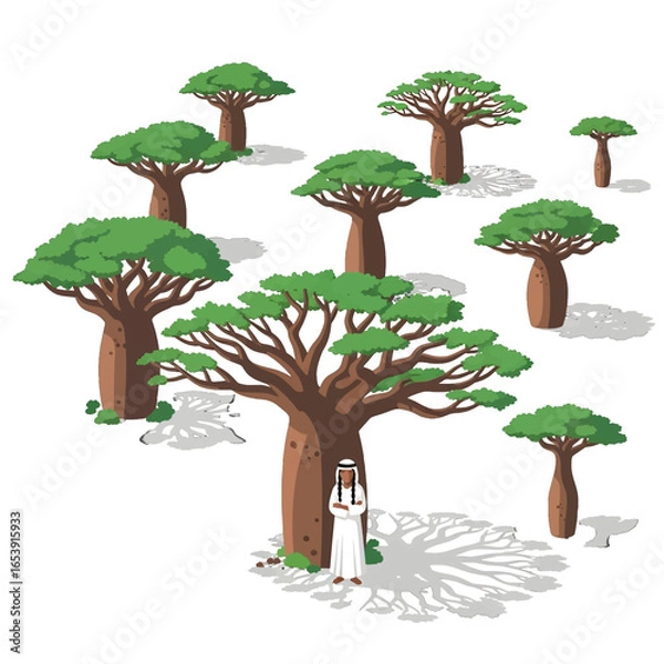 Fototapeta Pixelated Baobab Trees And Figure In Desert Landscape With Sunlight And Shadows