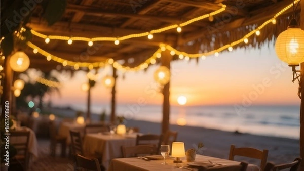 Obraz Cozy beachside restaurant setup with string lights and ocean view at sunset