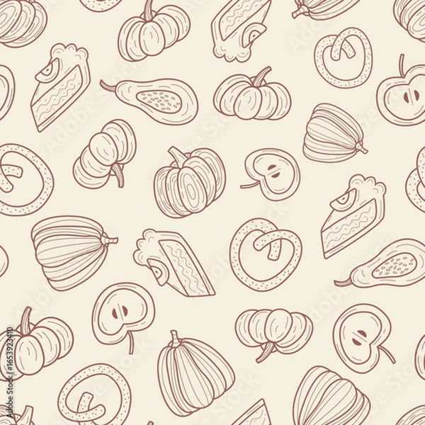 Obraz Vector pattern with pumpkin pie and pretzel Autumn pattern Pattern with food for textile paper.