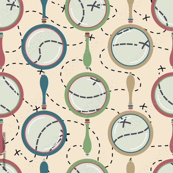 Fototapeta Raster illustration. Cartography pattern with magnifying glasses and zoomed in pathways. 