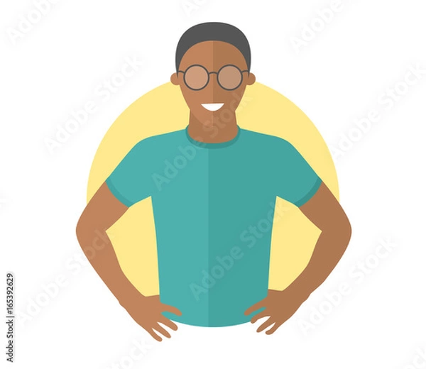 Obraz Confident handsome black man in glasses. Flat design icon. Resolute boy with arms akimbo. Simply editable isolated vector illustration