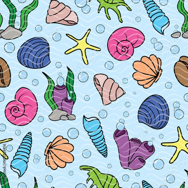 Fototapeta Raster illustration. Colorful hand drawn cartooned seashell pattern with wave texture on light blue background. Seamless repeat pattern.