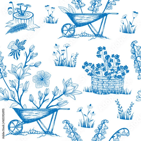 Fototapeta Raster illustration. Blue French country toile de jouy seamless repeat pattern. This design has hand drawn wheel barrow with flowers, basket with berries, stump with mushroom, wild flower and grass.