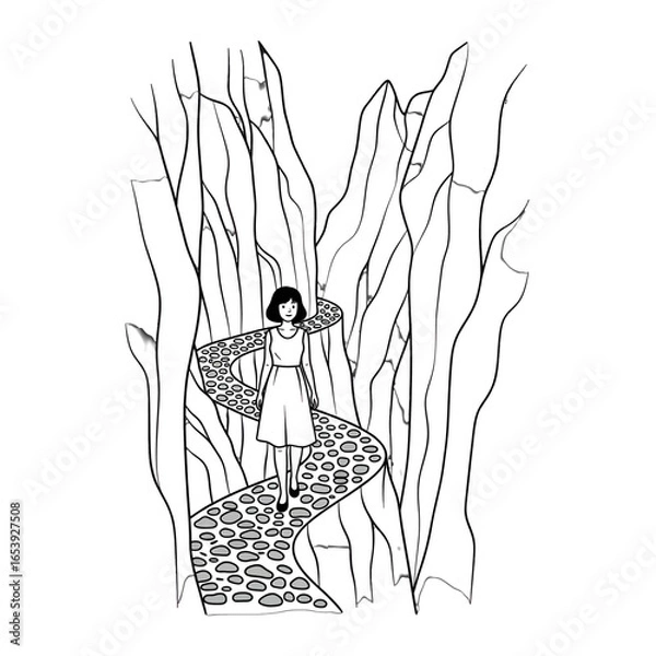 Fototapeta Monochrome Illustration of a Woman on a Stone Path Through a Forest of Tall Thin Trees in Minimalist Style