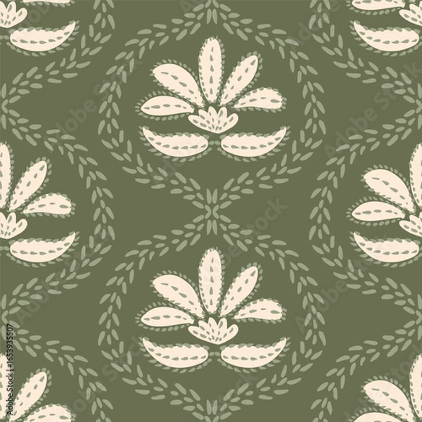 Fototapeta Ethnic hand painted flowers arranged geometrically to form a trellis in colors of off white and sage green on olive green background. Floral seamless vector pattern. Great for home decor, fabric, gift