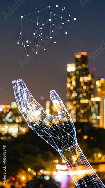 Obraz Digital hand reaching into night cityscape