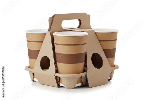 Fototapeta clay pots isolated on white, Four kraft paper cups held in cardboard carrier, perfect for takeaway delivery orders. Portable container designed for hot beverages like coffee, offering convenience for