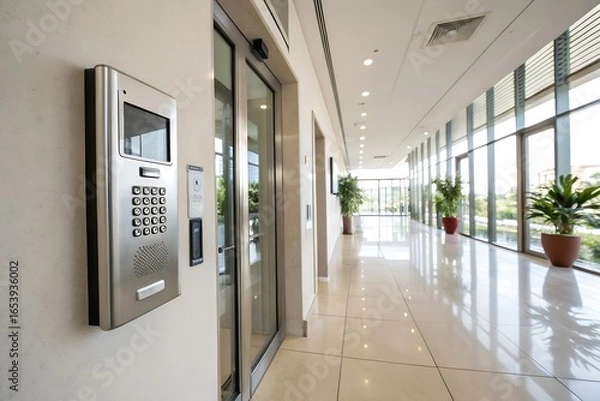 Fototapeta Modern office building entrance with digital access control keypad and glass doors in corporate lobby hallway
