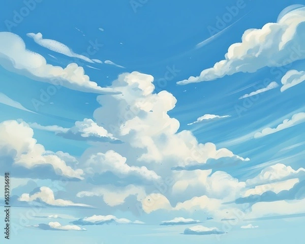 Fototapeta Vast blue sky filled with fluffy white cumulus clouds