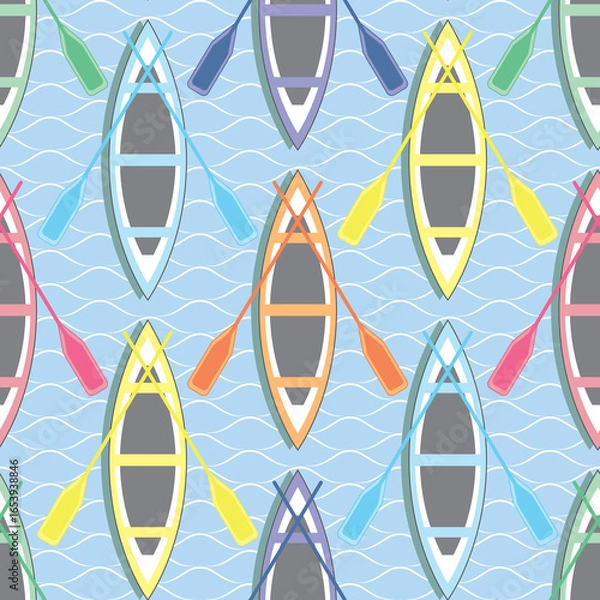 Fototapeta Raster illustration. colorful boats on lake textured background. seamless repeat pattern.