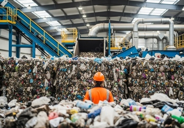 Fototapeta Recycling plant worker assesses bales of waste materials for sorting and processing in a modern facility during daylight hours