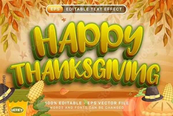 Obraz Happy Thanksgiving Editable Text Effect with Autumn Leaves and Harvest Elements Vector