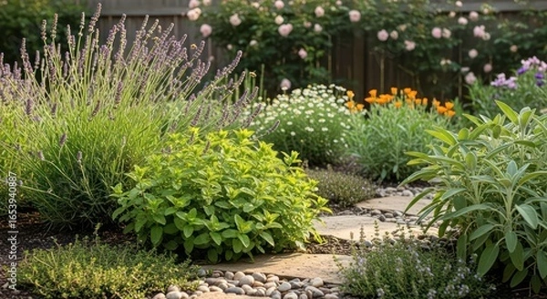 Fototapeta Herb Garden Path with Lavender, Mint, and Sage in Full Bloom on a Sunny Day